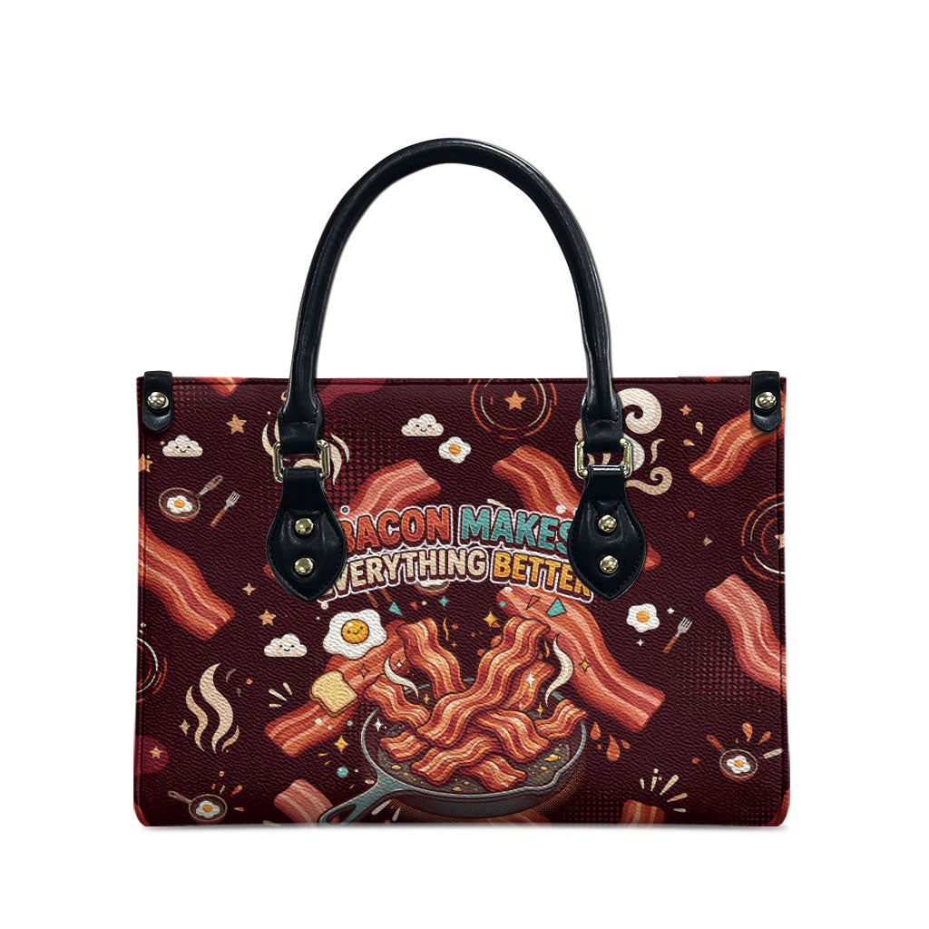 International Bacon Day Leather Bag Retro Bacon Pattern With Sizzling Skillet Graphic