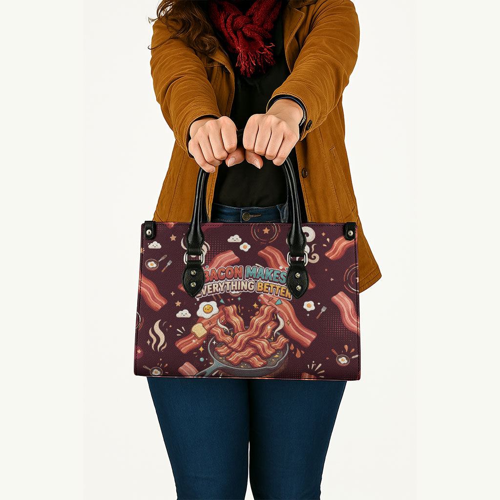 International Bacon Day Leather Bag Retro Bacon Pattern With Sizzling Skillet Graphic