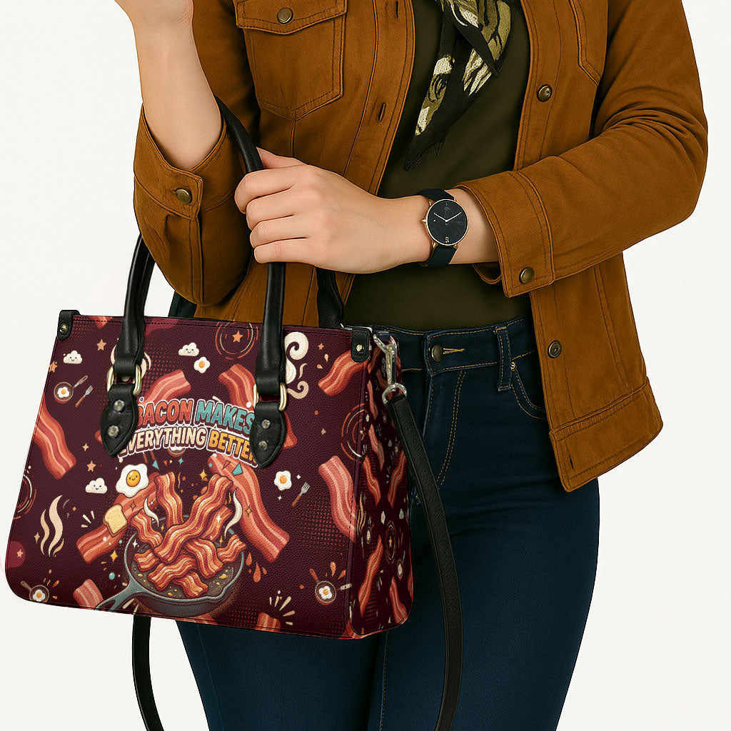International Bacon Day Leather Bag Retro Bacon Pattern With Sizzling Skillet Graphic
