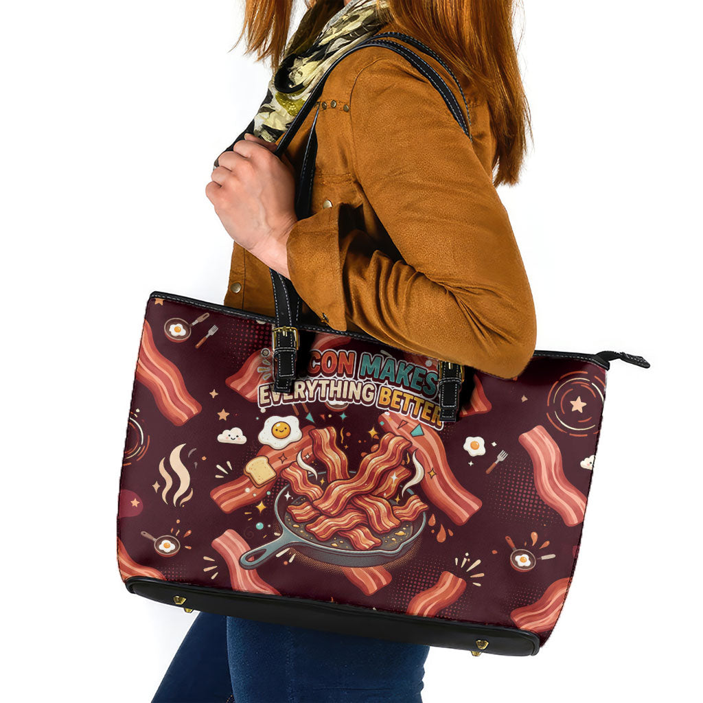 International Bacon Day Leather Tote Bag Retro Bacon Pattern With Sizzling Skillet Graphic