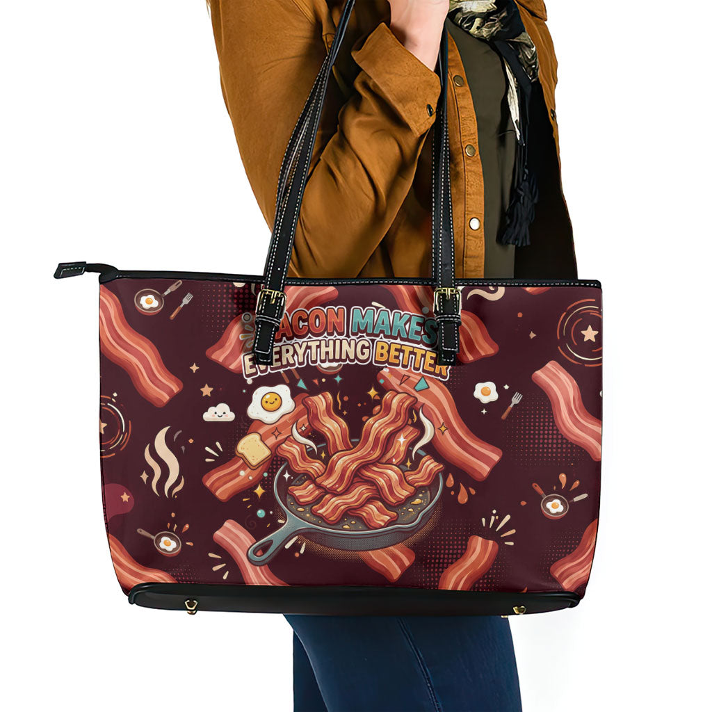 International Bacon Day Leather Tote Bag Retro Bacon Pattern With Sizzling Skillet Graphic