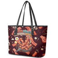 International Bacon Day Leather Tote Bag Retro Bacon Pattern With Sizzling Skillet Graphic