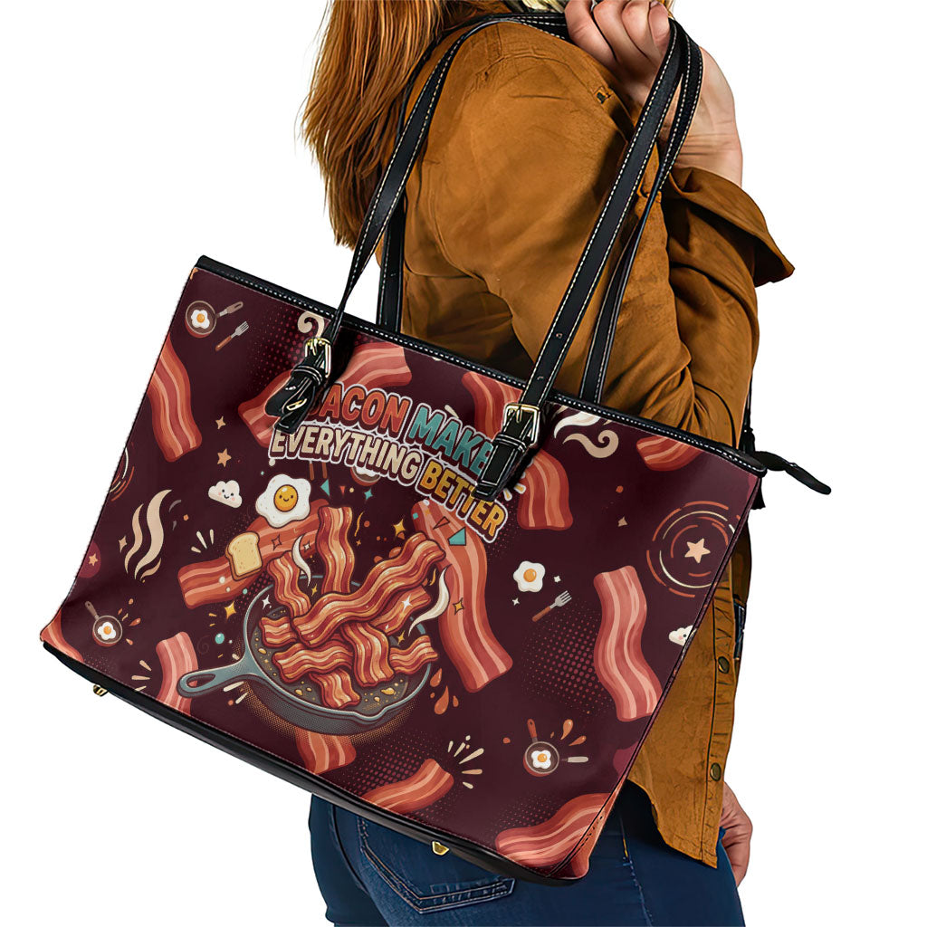 International Bacon Day Leather Tote Bag Retro Bacon Pattern With Sizzling Skillet Graphic