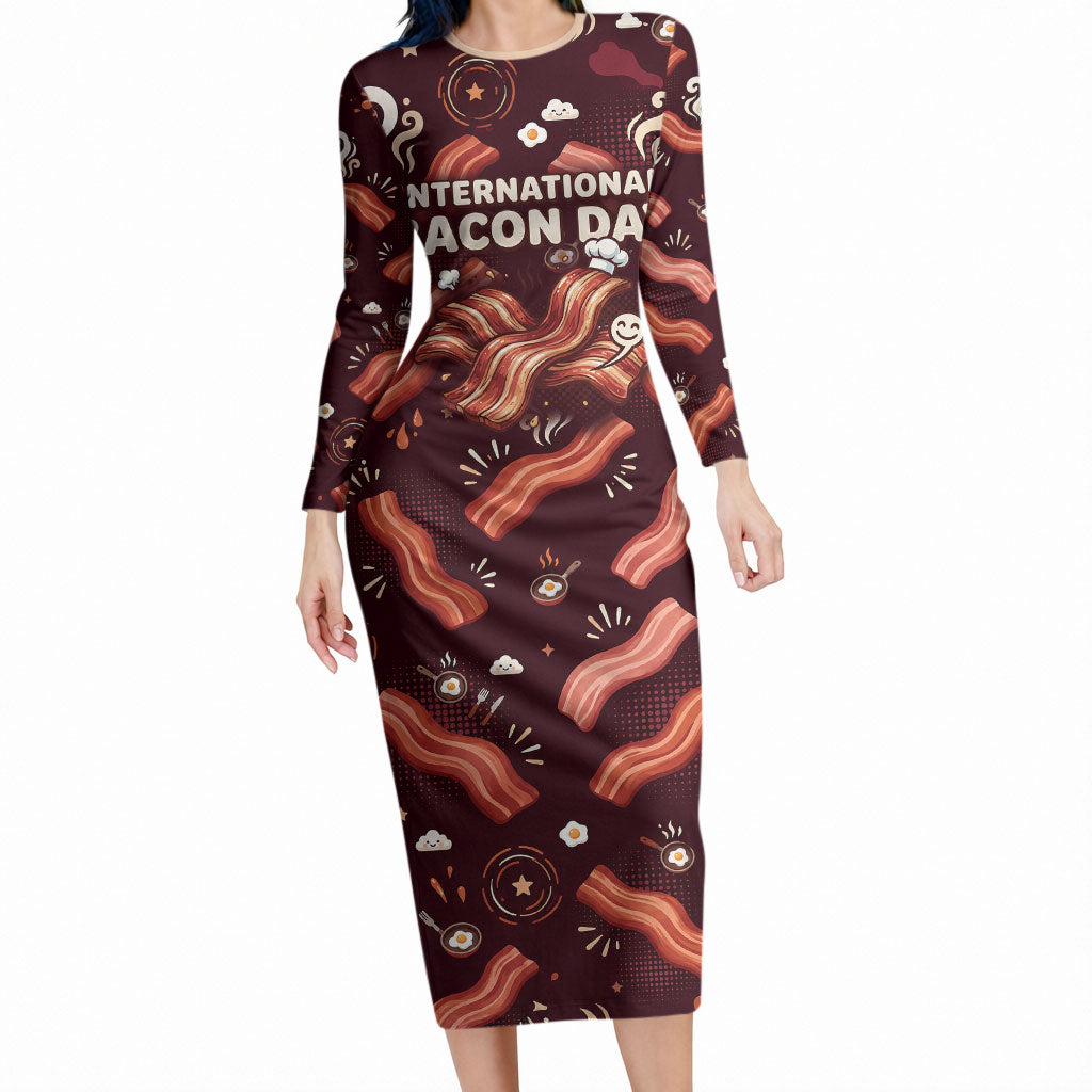 International Bacon Day Long Sleeve Bodycon Dress Retro Bacon Pattern With Sizzling Skillet Graphic