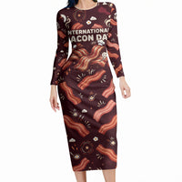 International Bacon Day Long Sleeve Bodycon Dress Retro Bacon Pattern With Sizzling Skillet Graphic
