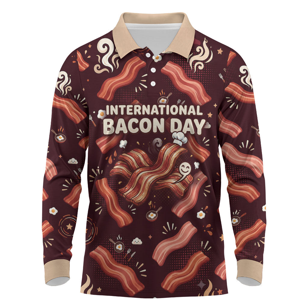 International Bacon Day Long Sleeve Polo Shirt Retro Bacon Pattern With Sizzling Skillet Graphic