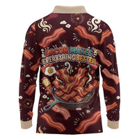 International Bacon Day Long Sleeve Polo Shirt Retro Bacon Pattern With Sizzling Skillet Graphic