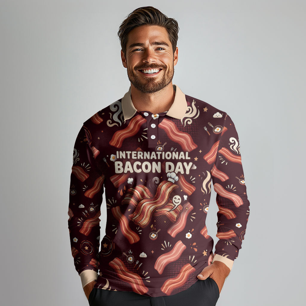 International Bacon Day Long Sleeve Polo Shirt Retro Bacon Pattern With Sizzling Skillet Graphic