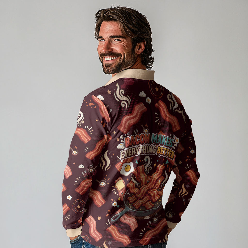 International Bacon Day Long Sleeve Polo Shirt Retro Bacon Pattern With Sizzling Skillet Graphic