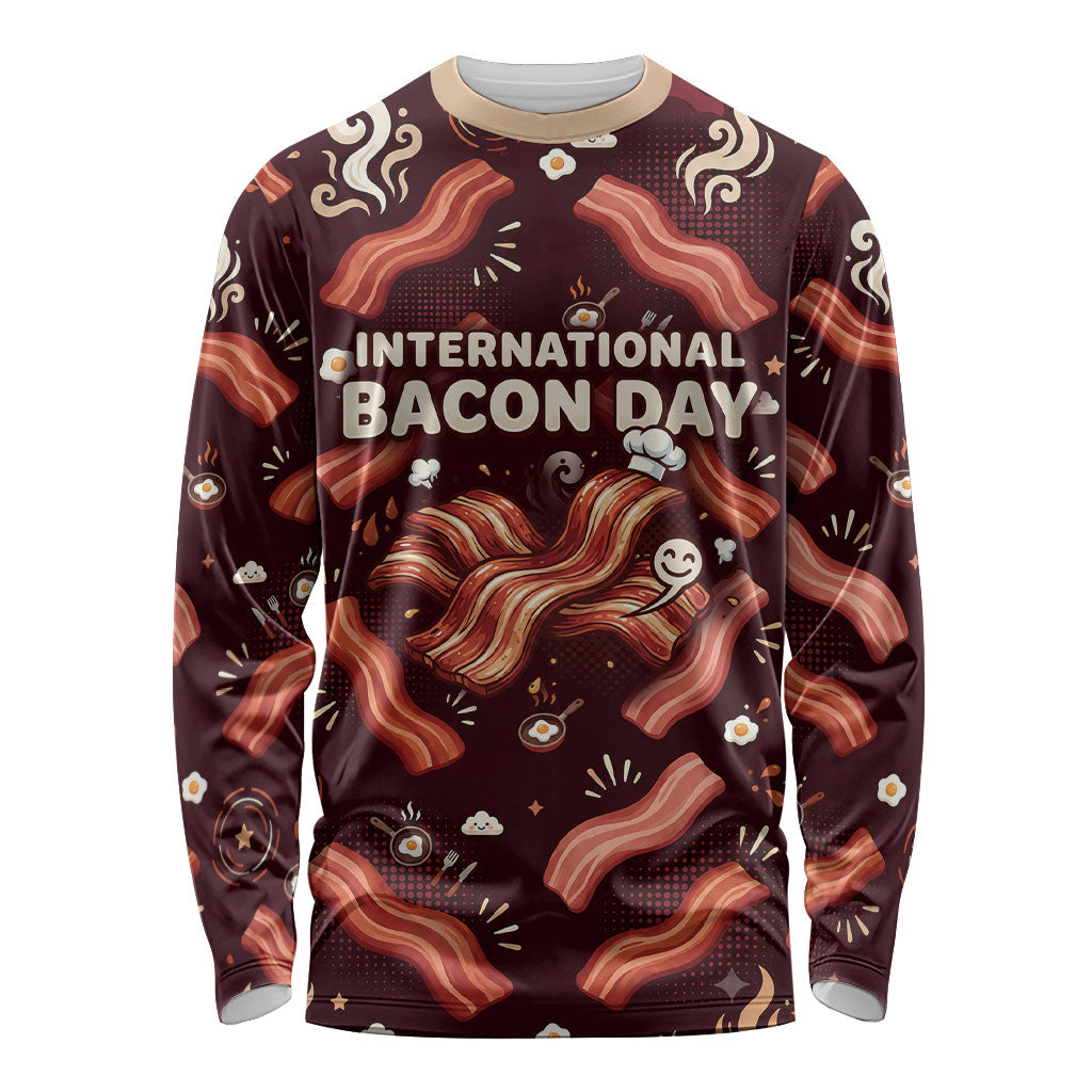 International Bacon Day Long Sleeve Shirt Retro Bacon Pattern With Sizzling Skillet Graphic