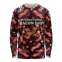 International Bacon Day Long Sleeve Shirt Retro Bacon Pattern With Sizzling Skillet Graphic