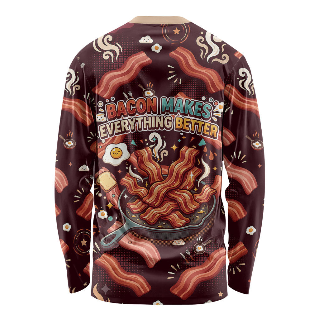 International Bacon Day Long Sleeve Shirt Retro Bacon Pattern With Sizzling Skillet Graphic