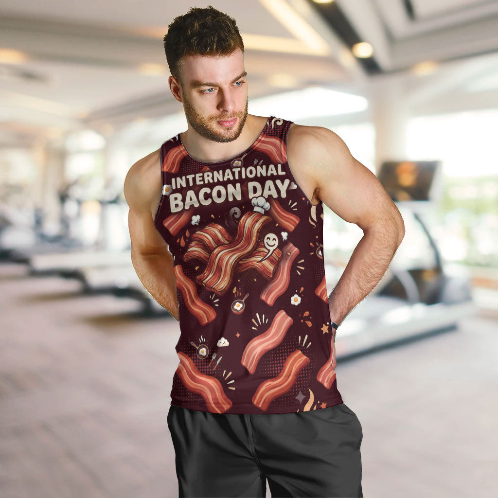 International Bacon Day Men Tank Top Retro Bacon Pattern With Sizzling Skillet Graphic
