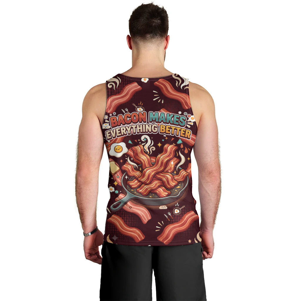 International Bacon Day Men Tank Top Retro Bacon Pattern With Sizzling Skillet Graphic