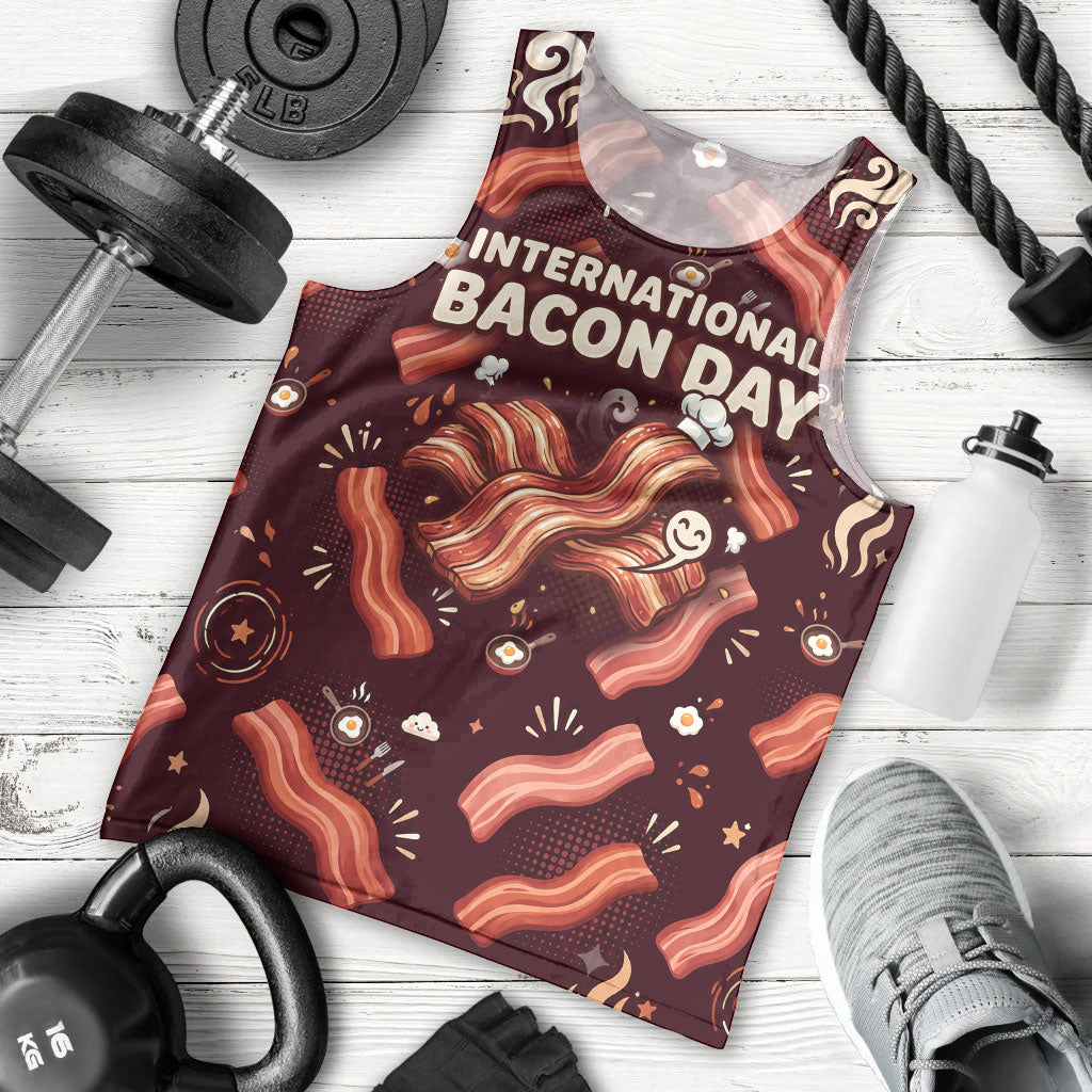 International Bacon Day Men Tank Top Retro Bacon Pattern With Sizzling Skillet Graphic