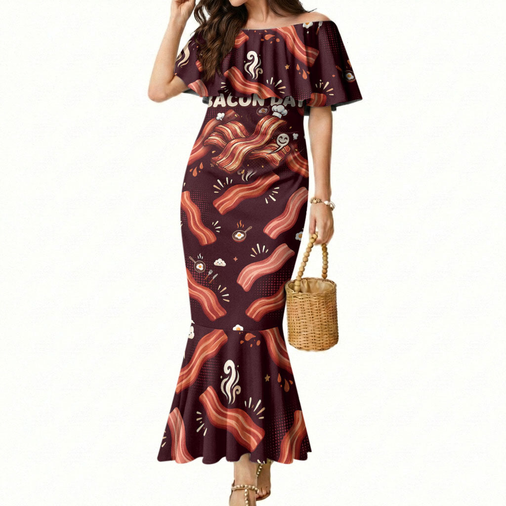 International Bacon Day Mermaid Dress Retro Bacon Pattern With Sizzling Skillet Graphic