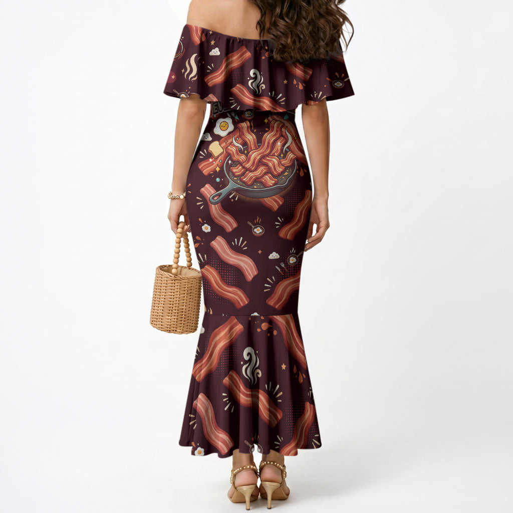 International Bacon Day Mermaid Dress Retro Bacon Pattern With Sizzling Skillet Graphic