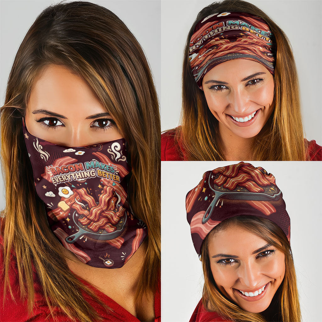 International Bacon Day Neck Gaiter Retro Bacon Pattern With Sizzling Skillet Graphic