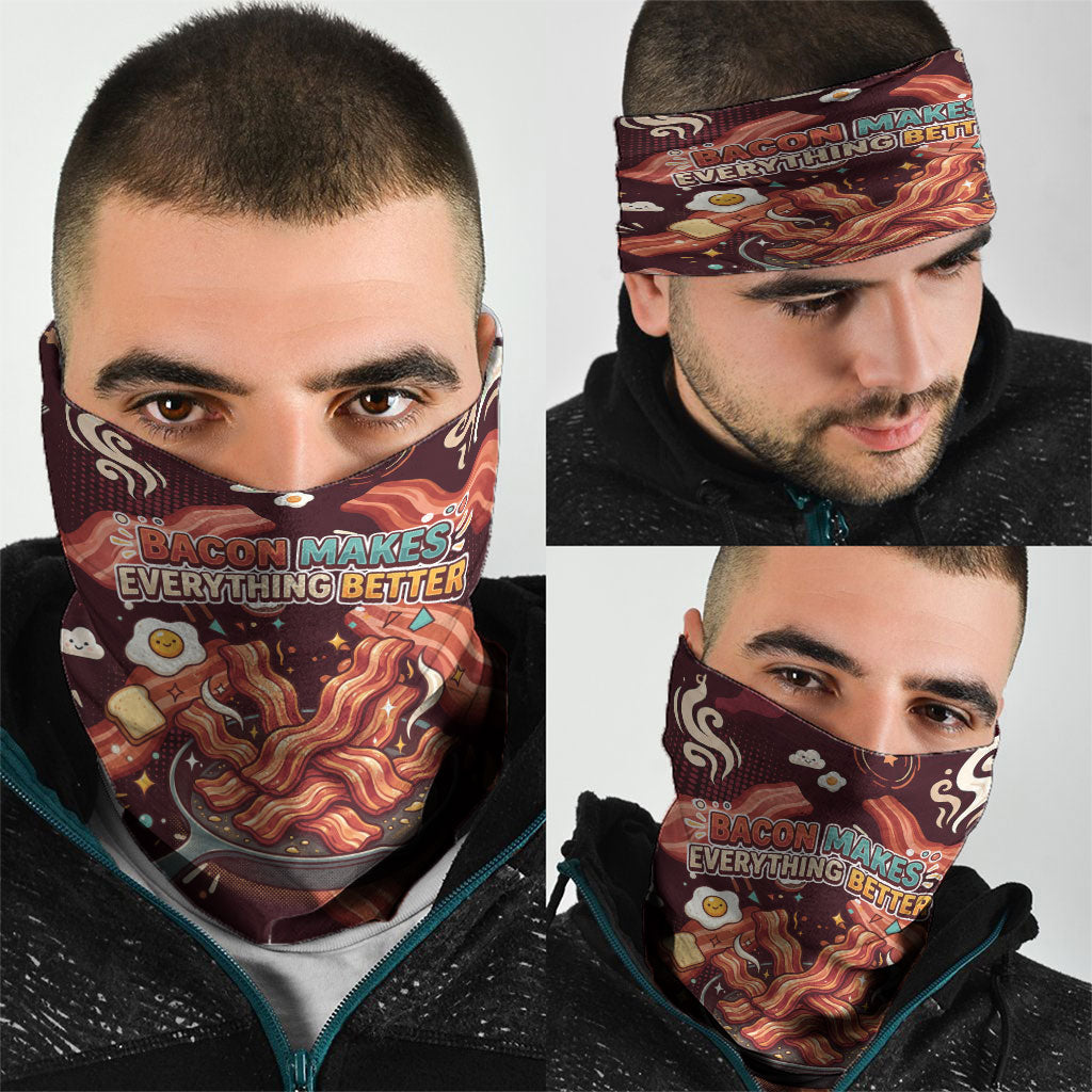 International Bacon Day Neck Gaiter Retro Bacon Pattern With Sizzling Skillet Graphic