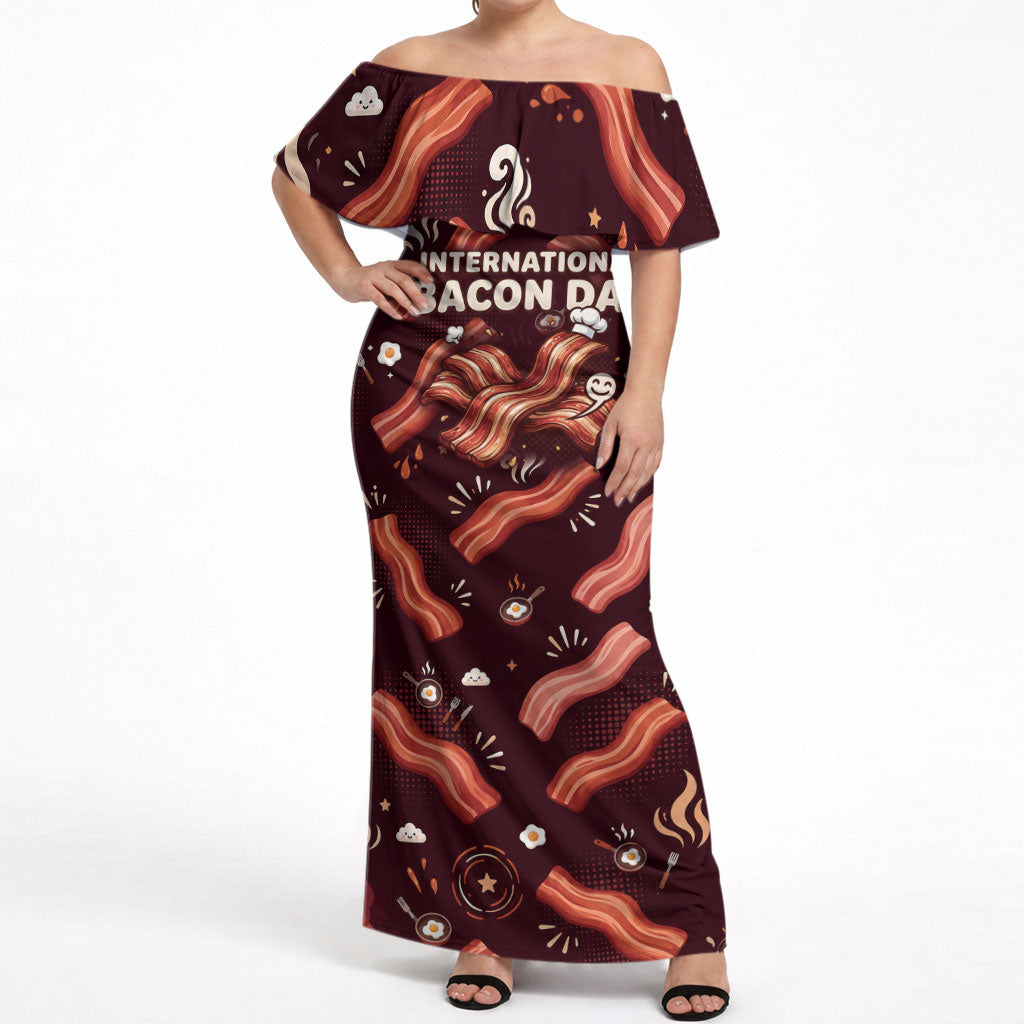 International Bacon Day Off Shoulder Maxi Dress Retro Bacon Pattern With Sizzling Skillet Graphic