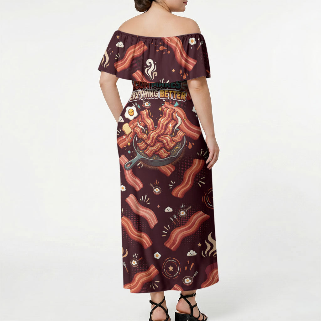 International Bacon Day Off Shoulder Maxi Dress Retro Bacon Pattern With Sizzling Skillet Graphic