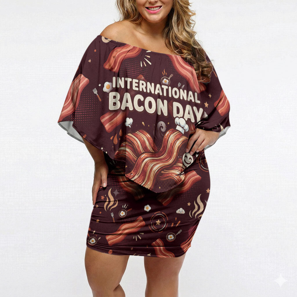 International Bacon Day Off Shoulder Short Dress Retro Bacon Pattern With Sizzling Skillet Graphic