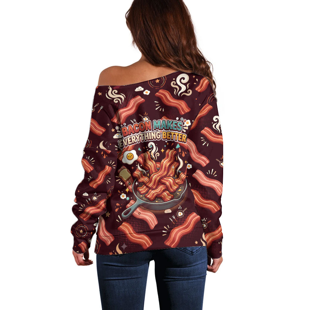 International Bacon Day Off Shoulder Sweater Retro Bacon Pattern With Sizzling Skillet Graphic