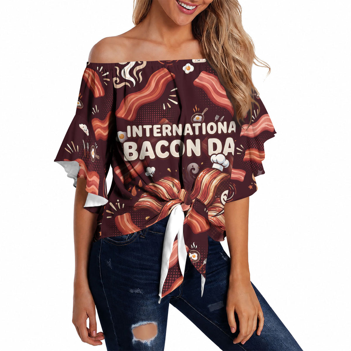 International Bacon Day Off Shoulder Wrap Waist Top Retro Bacon Pattern With Sizzling Skillet Graphic