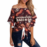 International Bacon Day Off Shoulder Wrap Waist Top Retro Bacon Pattern With Sizzling Skillet Graphic