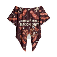 International Bacon Day Off Shoulder Wrap Waist Top Retro Bacon Pattern With Sizzling Skillet Graphic