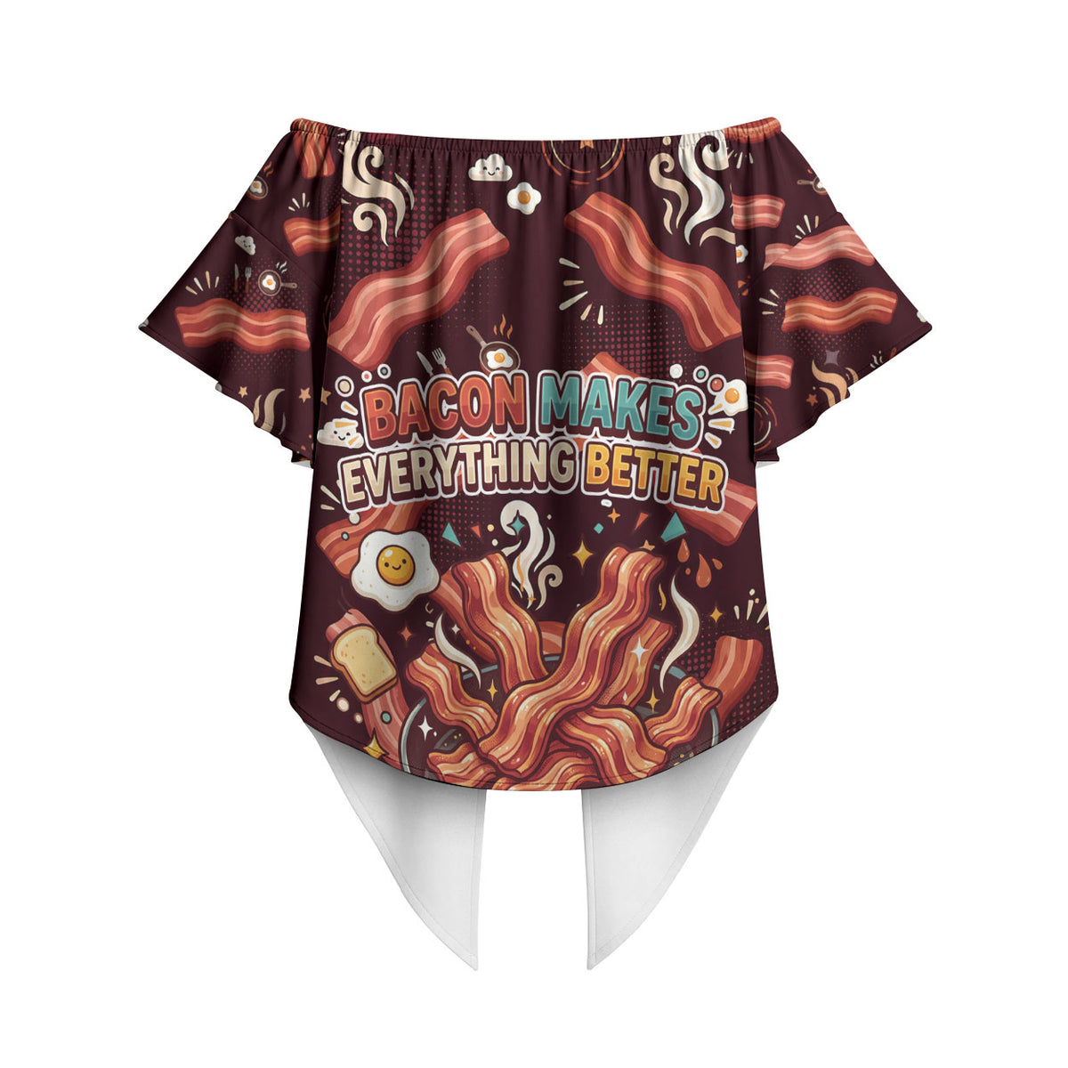 International Bacon Day Off Shoulder Wrap Waist Top Retro Bacon Pattern With Sizzling Skillet Graphic