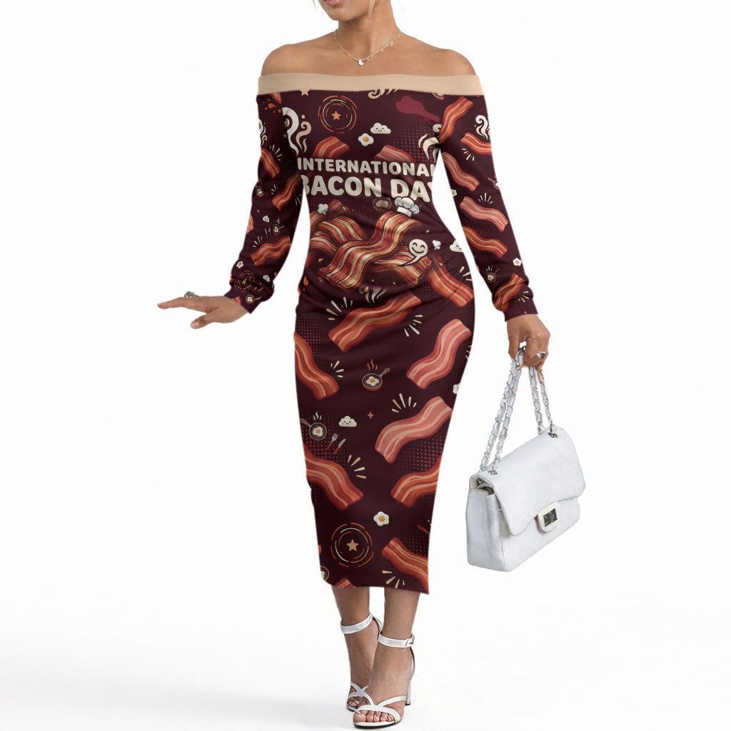 International Bacon Day Off The Shoulder Long Sleeve Dress Retro Bacon Pattern With Sizzling Skillet Graphic