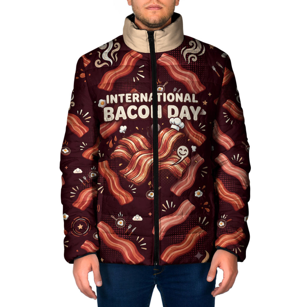 International Bacon Day Padded Jacket Retro Bacon Pattern With Sizzling Skillet Graphic