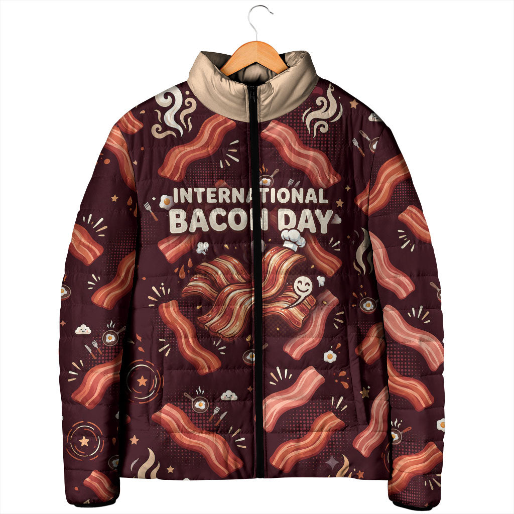 International Bacon Day Padded Jacket Retro Bacon Pattern With Sizzling Skillet Graphic