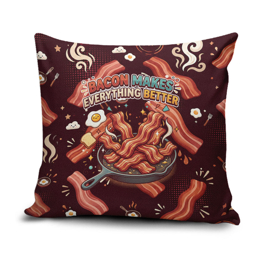 International Bacon Day Pillow Cover Retro Bacon Pattern With Sizzling Skillet Graphic