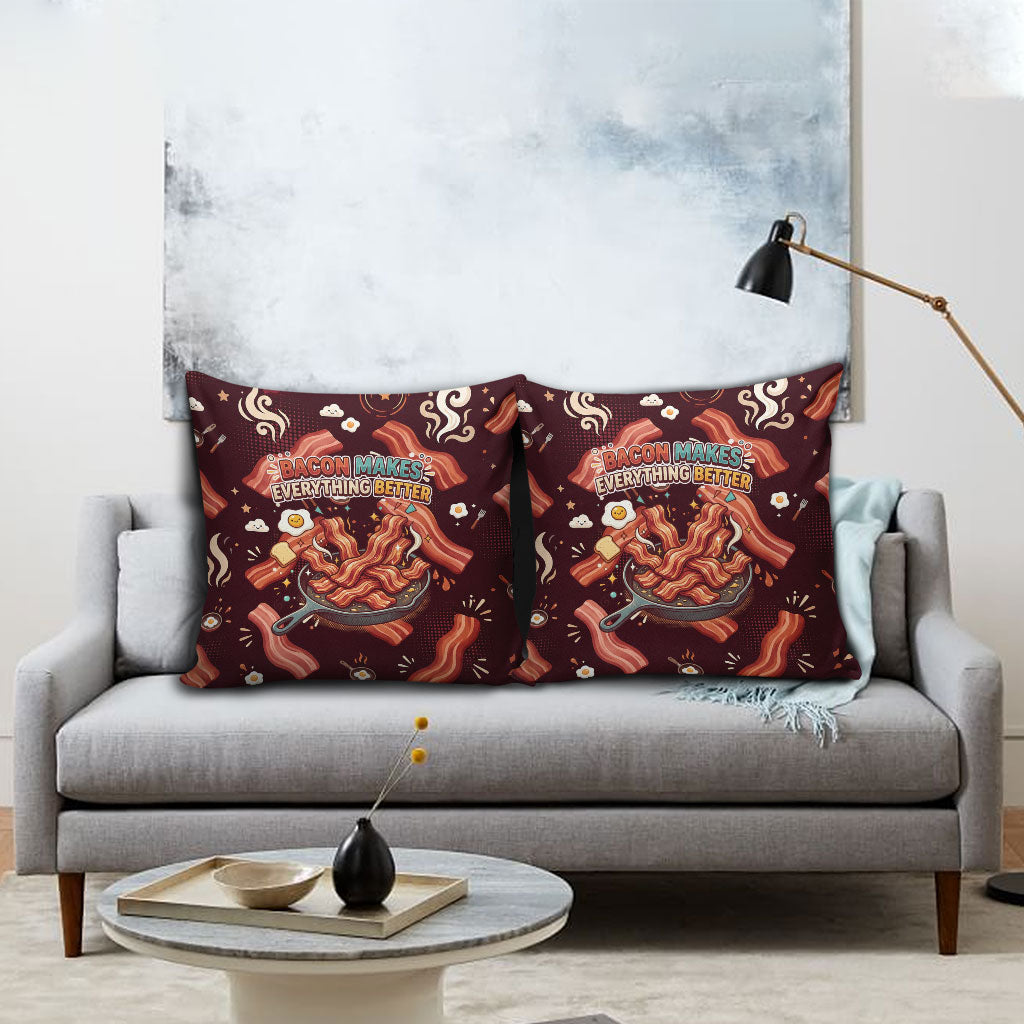 International Bacon Day Pillow Cover Retro Bacon Pattern With Sizzling Skillet Graphic