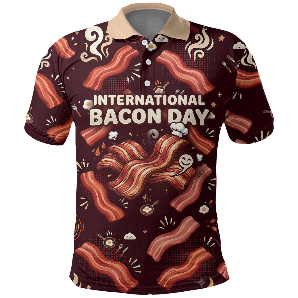 International Bacon Day Polo Shirt Retro Bacon Pattern With Sizzling Skillet Graphic
