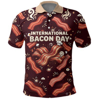 International Bacon Day Polo Shirt Retro Bacon Pattern With Sizzling Skillet Graphic