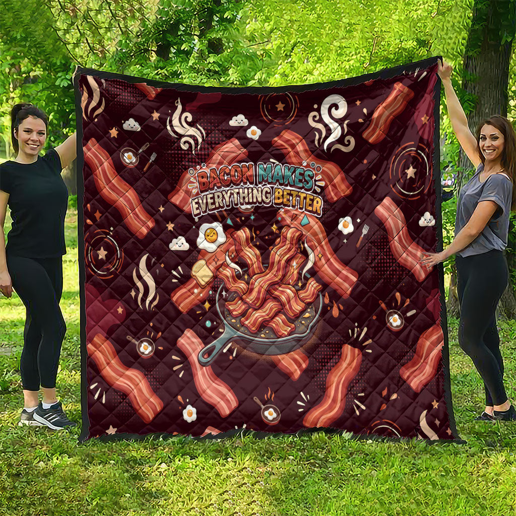 International Bacon Day Quilt Retro Bacon Pattern With Sizzling Skillet Graphic