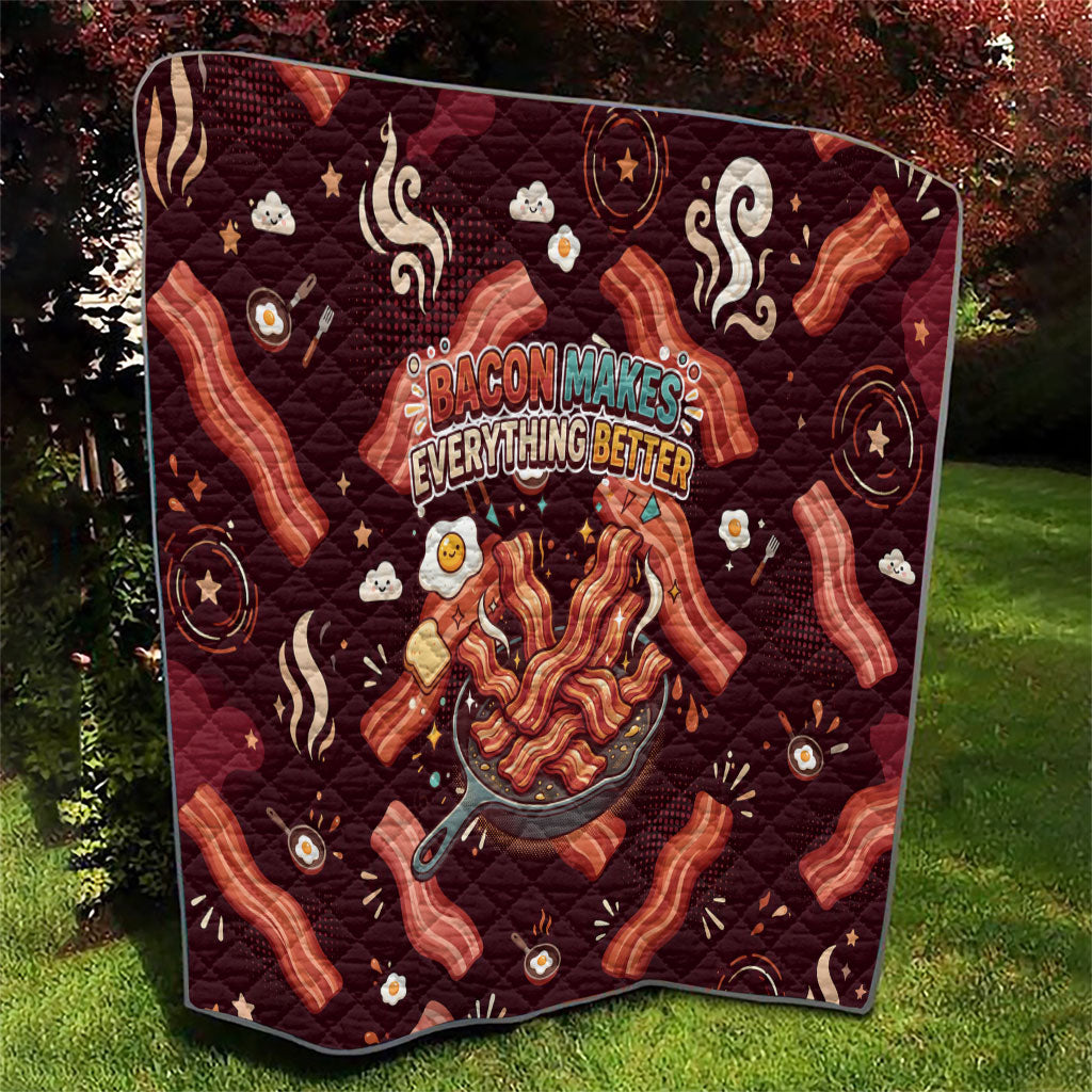 International Bacon Day Quilt Retro Bacon Pattern With Sizzling Skillet Graphic