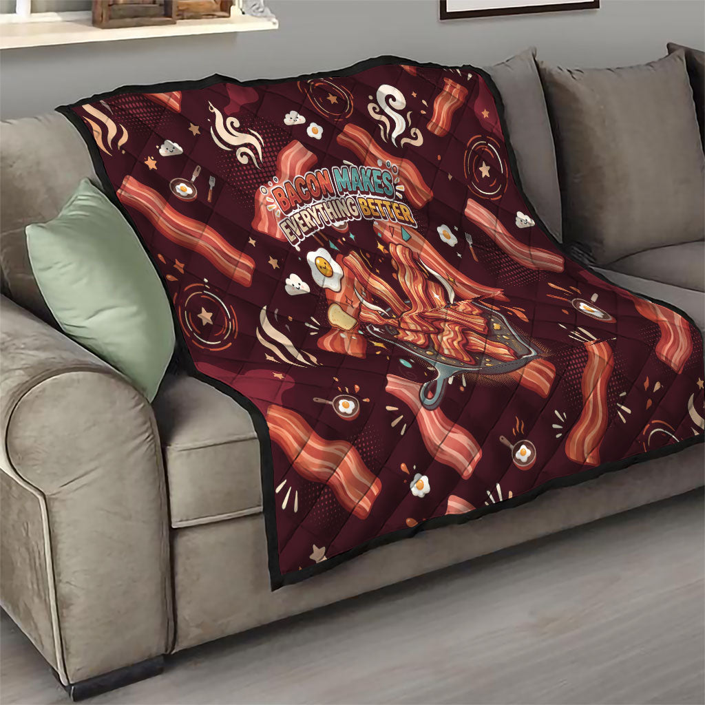 International Bacon Day Quilt Retro Bacon Pattern With Sizzling Skillet Graphic
