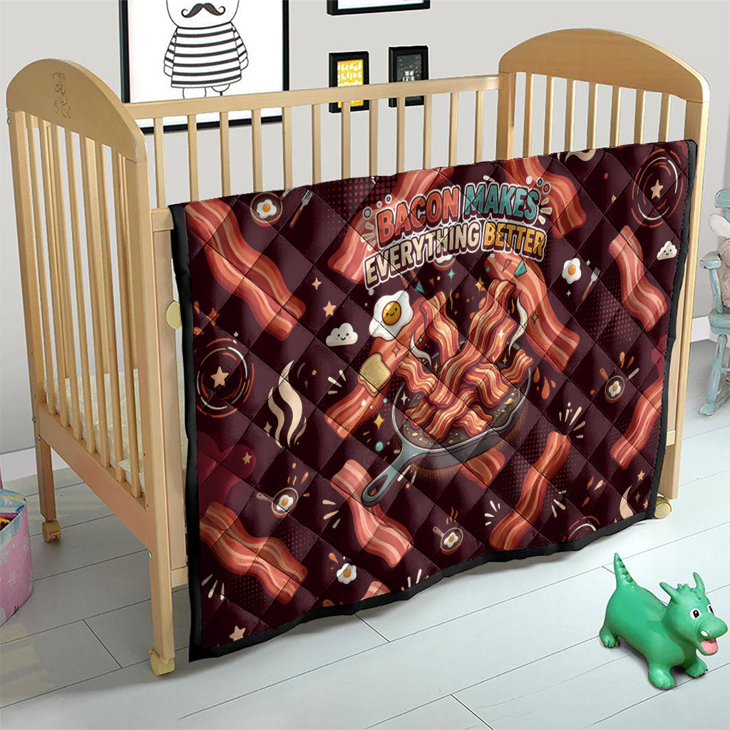 International Bacon Day Quilt Retro Bacon Pattern With Sizzling Skillet Graphic