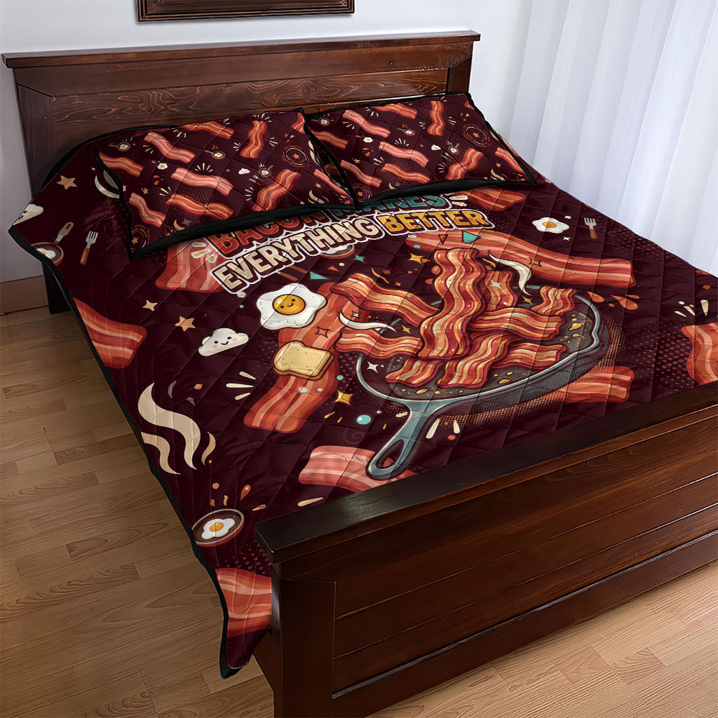 International Bacon Day Quilt Bed Set Retro Bacon Pattern With Sizzling Skillet Graphic