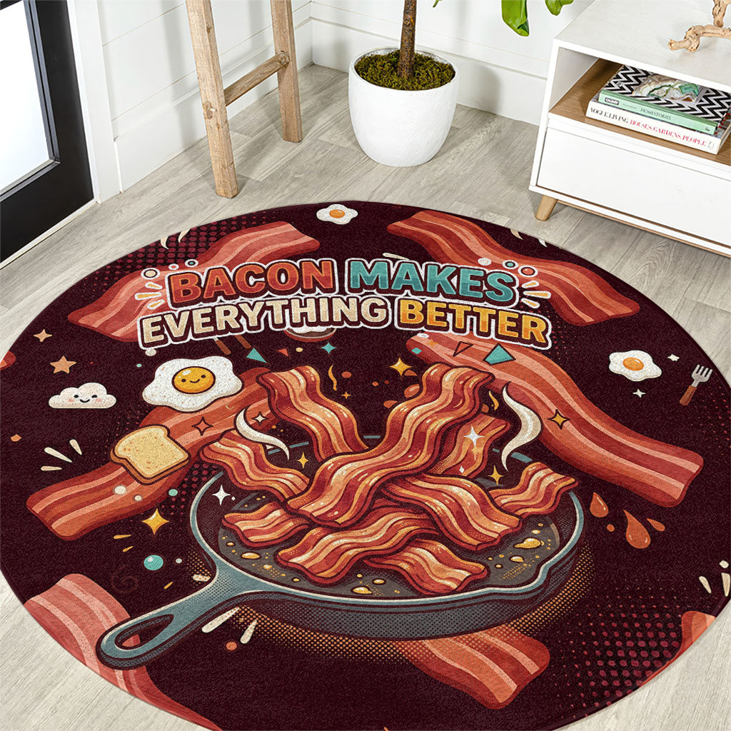 International Bacon Day Round Carpet Retro Bacon Pattern With Sizzling Skillet Graphic