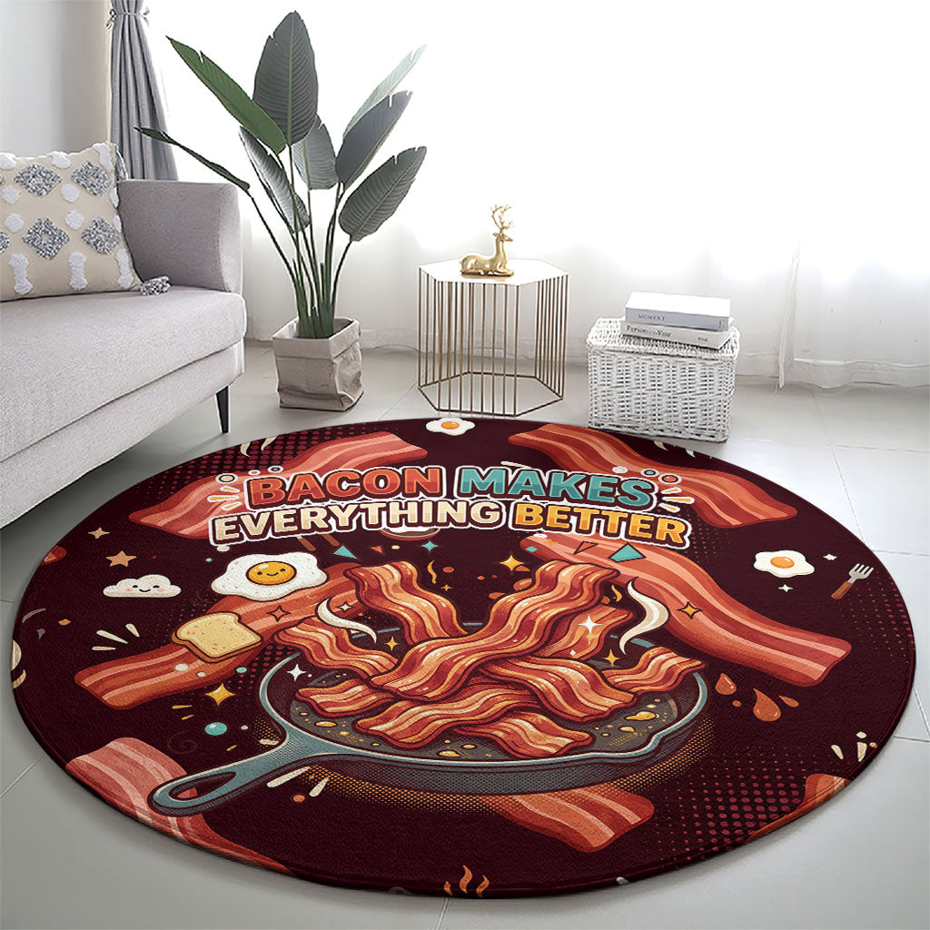 International Bacon Day Round Carpet Retro Bacon Pattern With Sizzling Skillet Graphic