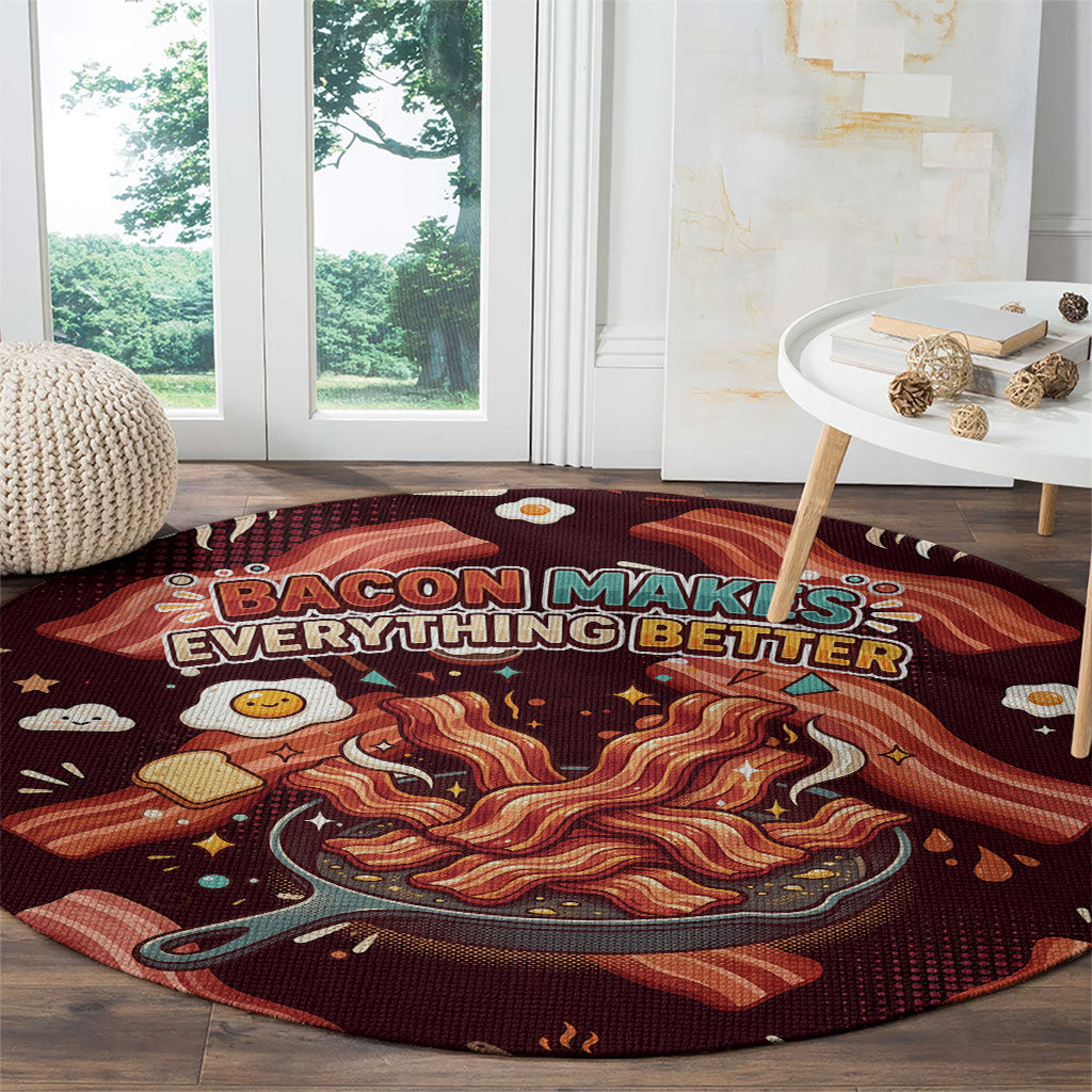 International Bacon Day Round Carpet Retro Bacon Pattern With Sizzling Skillet Graphic