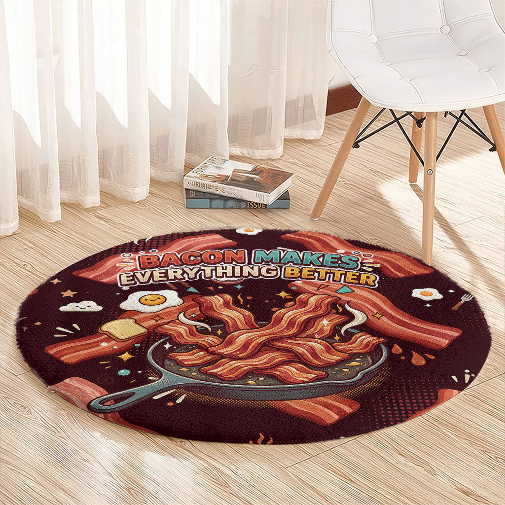 International Bacon Day Round Carpet Retro Bacon Pattern With Sizzling Skillet Graphic
