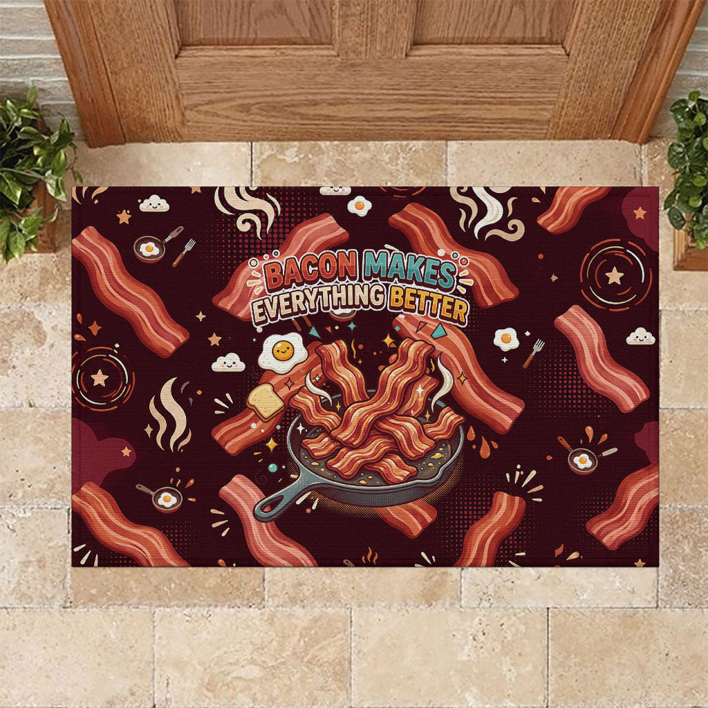 International Bacon Day Rubber Doormat Retro Bacon Pattern With Sizzling Skillet Graphic