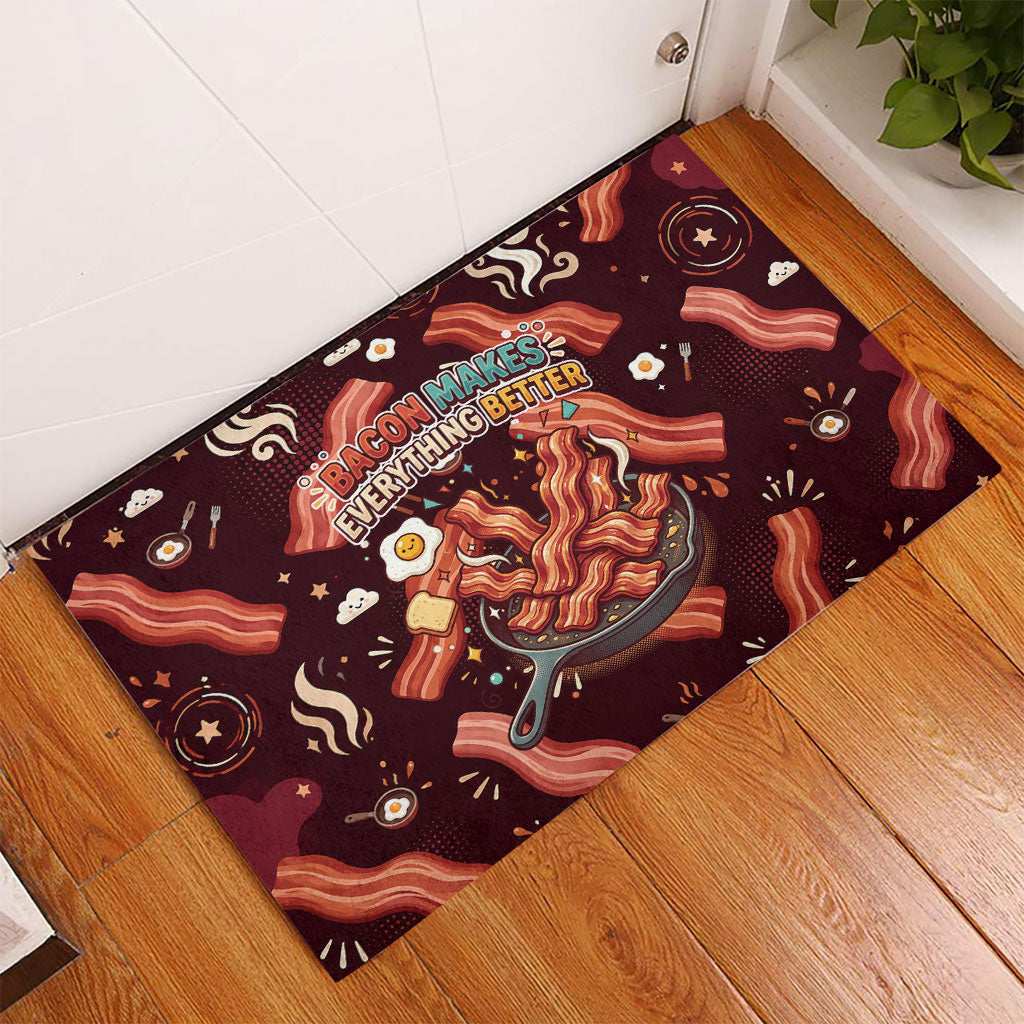International Bacon Day Rubber Doormat Retro Bacon Pattern With Sizzling Skillet Graphic