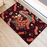 International Bacon Day Rubber Doormat Retro Bacon Pattern With Sizzling Skillet Graphic